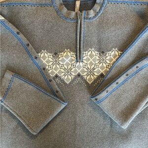 Hanna Andersson Gray Knit Sweater with Blue Trim and Cream Fair Isle